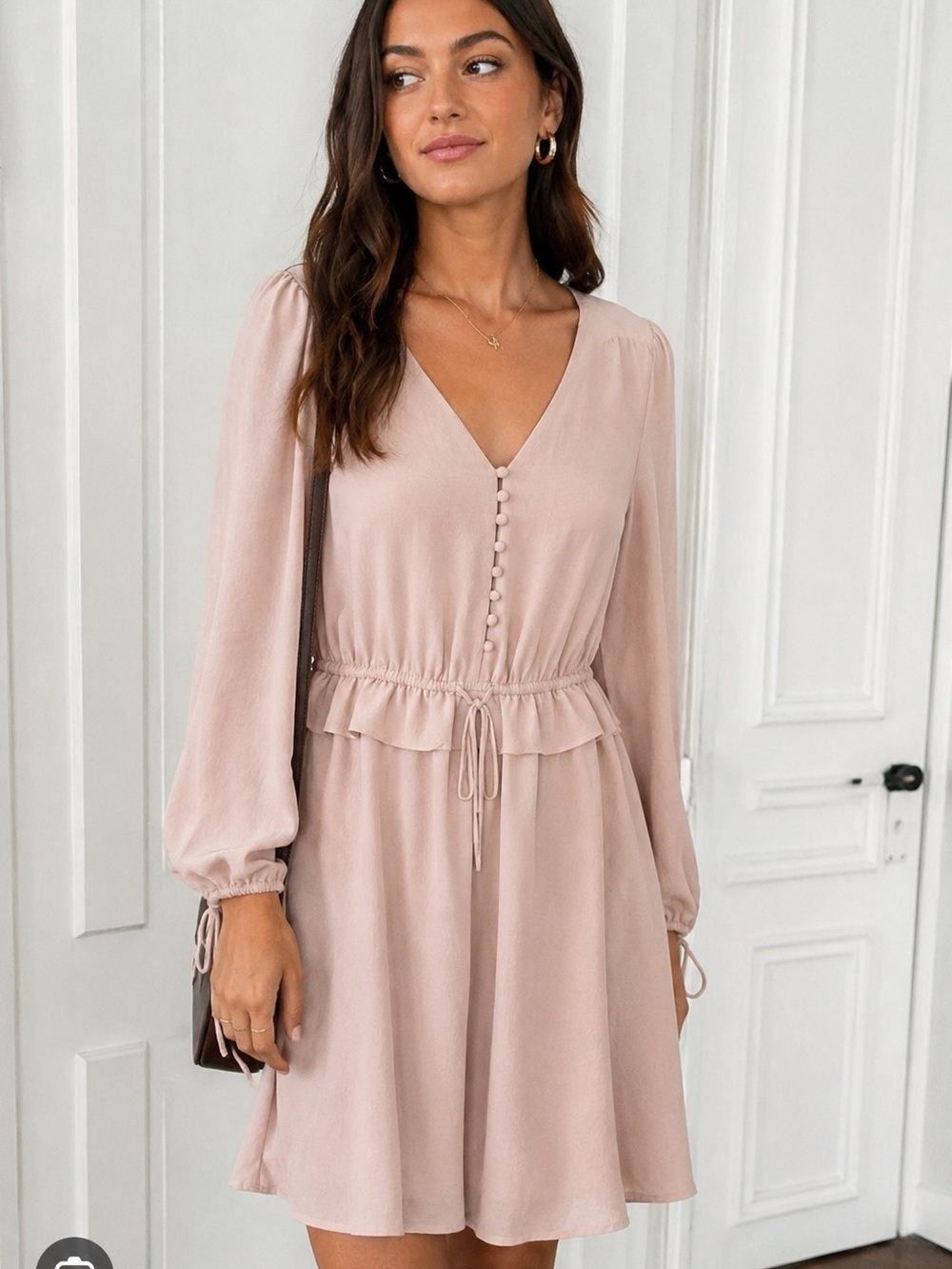 H&M Nude Button Front Mini Dress Size 8 Flowy Boho - Picture 1 of 6